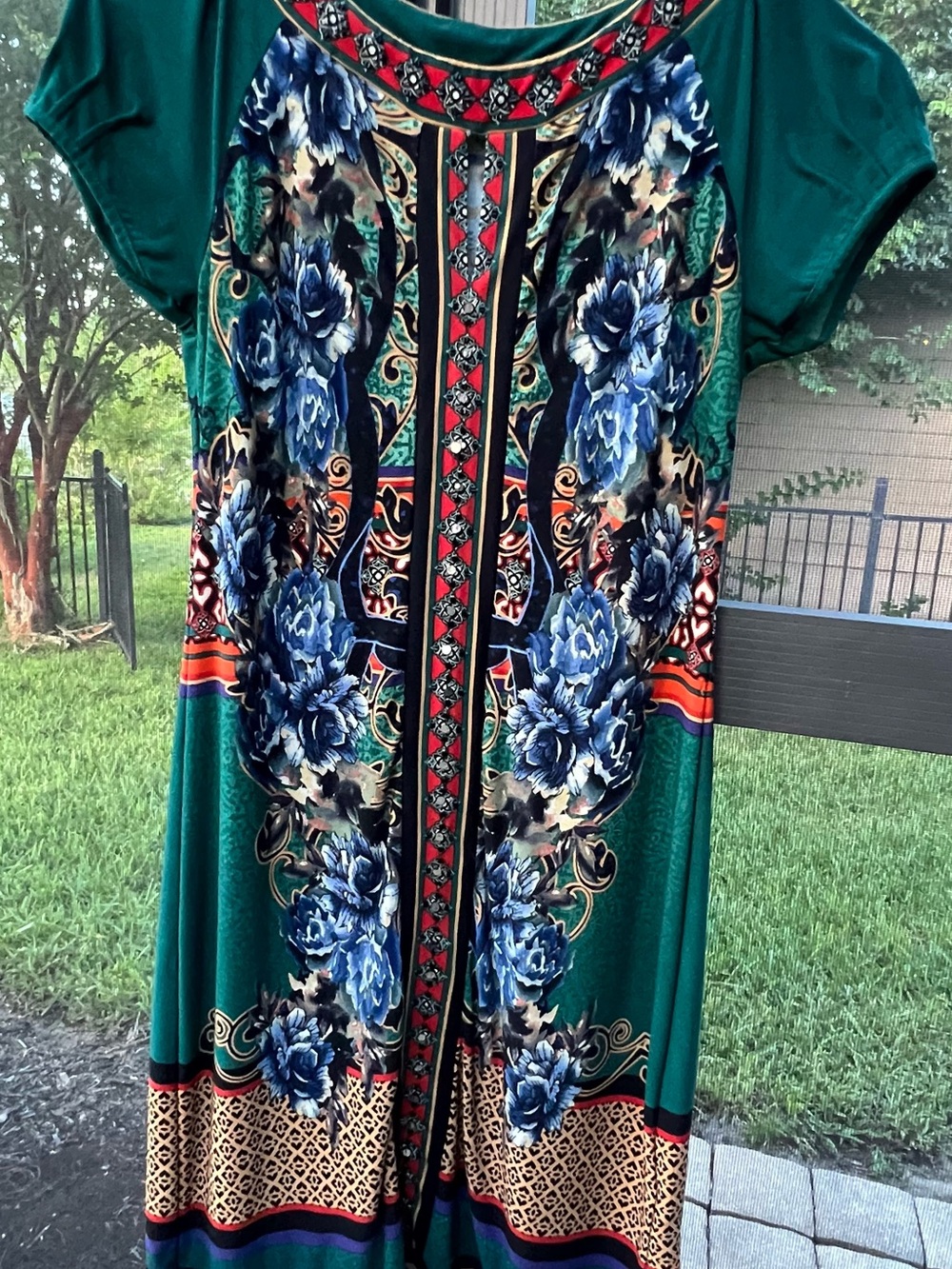 ICE Green Blue Floral Print Embellished Shift Dress Size 4 Boho Boutique